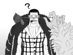  2boys ? ascot black_hair cigar crocodile_(one_piece) dark-skinned_male dark_skin donquixote_doflamingo flower fur_coat greyscale hair_slicked_back holding holding_flower large_pectorals male_focus mature_male medium_hair mg_cls monochrome multiple_boys one_piece pectorals pov pov_hands rose scar scar_on_face scar_on_nose sideburns stitches upper_body veins veiny_hands 
