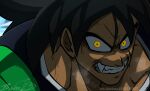  1boy anger_vein bahnloopi berserker_rage breath broly_(dragon_ball_super) clenched_teeth close-up cold crazy_eyes crazy_smile dark-skinned_male dark_skin dragon_ball dragon_ball_super dragon_ball_super_broly fangs frown glowing glowing_eyes highres saiyan_armor scar scar_on_cheek scar_on_face solo spiked_hair teeth veiny_neck yellow_eyes 