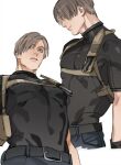  belt black_pants blue_eyes brown_hair closed_eyes closed_mouth highres large_pectorals leon_s._kennedy looking_down muscular muscular_male non-web_source pants pectorals resident_evil resident_evil_4 tatsumi_(psmhbpiuczn) 