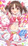 1girl bare_shoulders blush brown_eyes brown_hair cheering cheerleader confetti hakkaumai highres holding holding_pom_poms idolmaster idolmaster_cinderella_girls idolmaster_cinderella_girls_starlight_stage imai_kana looking_at_viewer midriff navel open_mouth pom_pom_(cheerleading) ribbon skirt sleeveless smile solo thigh_strap twintails 