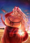  1girl bare_shoulders blush breasts cleavage collarbone dragon_girl hair_between_eyes highres horns huge_breasts kagarimachi_konatsu long_hair looking_at_viewer open_mouth original red_horns scales skirt sky slit_pupils solo star_(sky) starry_sky sunset 