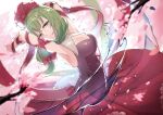  1girl absurdres arm_ribbon armpits arms_up breasts cherry_blossoms cleavage commentary_request cross-laced_footwear front_ponytail green_eyes green_hair hair_ribbon highres kagiyama_hina large_breasts long_hair looking_at_viewer nano_popo02 parted_lips red_ribbon red_skirt ribbon skirt solo touhou 