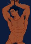  1boy abs aiki_(xelgot) armpit_hair bara black_hair blue_background chest_hair completely_nude eyebrow_cut facial_hair goatee groin highres looking_at_viewer male_focus male_pubic_hair nipples nude original pubic_hair signature solo toned toned_male upper_body xelgot 