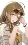  1girl ahoge blush bracelet breasts brown_hair cleavage eyewear_on_head highres idolmaster idolmaster_shiny_colors jewelry kuwayama_chiyuki large_breasts looking_at_viewer simple_background smile solo sunglasses uouokuma upper_body white_background 