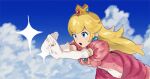  1girl blonde_hair blue_eyes blue_sky brooch cloud crown dress elbow_gloves gloves highres jewelry jors long_hair mario_(series) pink_dress princess_peach puffy_short_sleeves puffy_sleeves ring short_sleeves sky solo sphere_earrings super_smash_bros. white_gloves 