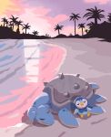  closed_eyes closed_mouth cloud commentary highres lapras lying no_humans on_stomach outdoors palm_tree piplup pokemon pokemon_(creature) sand shore silhouette sky sleeping smile tomozo_(muginosukejr) tree water 