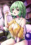  1girl absurdres ahoge blush book bookshelf breasts cleavage cleavage_cutout clothing_cutout collarbone dress fingernails food green_eyes green_hair green_nails highres holding holding_food indoors komeiji_koishi large_breasts nail_polish off-shoulder_shirt off_shoulder open_mouth popsicle shirt short_hair short_sleeves solo suggestive_fluid third_eye tongue tongue_out touhou yamataka yellow_dress 