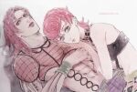  1boy 1girl bare_shoulders black_tube_top closed_mouth diavolo father_and_daughter green_eyes jojo_no_kimyou_na_bouken kayaze lips long_hair looking_at_viewer lying muscular muscular_male on_back on_stomach pants pink_hair pink_lips purple_pants strapless trish_una tube_top vento_aureo 