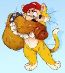  balls bowser cat_mario cat_suit_(mario) genitals holding_penis human humanoid_genitalia humanoid_penis koopa ksejl male male/male mammal mario mario_bros nintendo penis scalie size_difference 