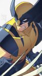  1boy bodysuit claws clenched_teeth gloves hata4564 highres male_focus marvel mask muscular no_pupils simple_background solo superhero teeth white_background white_eyes wolverine x-men 