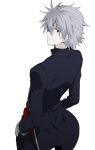  11kkr 1boy back black_jacket black_pants closed_mouth from_behind gloves grey_gloves grey_hair hair_between_eyes hand_in_pocket jacket long_sleeves looking_at_viewer looking_back male_focus nagisa_kaworu neon_genesis_evangelion pants pocket red_eyes red_shirt shirt short_hair simple_background smile solo standing white_background 