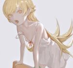  ._(kometto333) 1girl all_fours bakemonogatari bare_shoulders blonde_hair breasts collarbone dress fang grey_background highres long_hair looking_at_viewer monogatari_(series) open_mouth oshino_shinobu pointy_ears simple_background small_breasts solo spaghetti_strap strap_slip white_dress yellow_eyes 