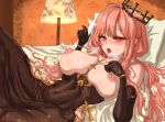  1girl ^^^ ahegao azur_lane black_dress black_gloves blush breasts brown_hair chinese_commentary clemenceau_(azur_lane) collarbone commentary_request covered_navel cross crown dress elbow_gloves floor_lamp gloves hair_between_eyes hand_on_own_chest hand_up highres hip_vent indoors lactation large_breasts leg_up long_dress long_hair looking_at_viewer lying nipples on_back on_bed pillow projectile_lactation red_eyes shadow sidelocks solo steam sweat teeth tight_clothes tight_dress tongue tongue_out upper_teeth_only wallpaper_(object) wristlet zuguo_de_xi_lanhua 