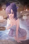 1girl absurdres blue_archive blue_eyes blush breasts collarbone cowboy_shot hair_between_eyes halo hidel highres large_breasts long_hair mechanical_halo naked_towel onsen open_mouth outdoors partially_submerged ponytail purple_hair rock solo towel tree water white_towel yuuka_(blue_archive) 