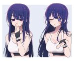  1girl bare_shoulders black_gloves blowing_kiss breasts collarbone commentary covering_mouth fingerless_gloves gloves hand_over_own_mouth highres hoshino_ai_(oshi_no_ko) large_breasts long_hair multicolored_eyes multicolored_hair one_eye_closed oshi_no_ko purple_hair sidelocks simple_background sports_bra star-shaped_pupils star_(symbol) streaked_hair sweat symbol-shaped_pupils tanosii_chan upper_body white_sports_bra 