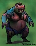  anthro belly brown_hair clothed clothing common_hippopotamus dragonsica hair hi_res hippopotamid human human_to_anthro male mammal mid_transformation moobs obese obese_anthro obese_male open_mouth overweight overweight_anthro overweight_male scared solo species_transformation standing teeth tongue torn_clothing transformation weight_gain 
