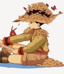  1boy black_hair boots brown_theme bug butterfly child derivative_work expressionless fishing fishing_rod from_side full_body gon_freecss highres holding holding_fishing_rod hunter_x_hunter leaf_hat long_sleeves looking_ahead male_focus qn_ui3 rabbit shirt sitting solo 