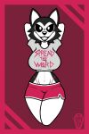  anthro black_body black_fur canid canine canis clothed clothing creepypasta domestic_dog female fur hi_res humanoid husky looking_at_viewer mammal nordic_sled_dog smile.dog solo spitz thong underwear white_body white_fur zigzagrim 