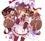  1girl :d \||/ absurdres apron artist_logo artist_name bow brown_hair brown_shirt brown_sleeves brown_thighhighs cake candy chocolate chocolate_bar chocolate_cake cowlick dress drooling food furrowed_brow hair_bow hand_on_own_cheek hand_on_own_face hand_up hat hat_bow hat_ribbon head_tilt heart highres layered_sleeves long_hair long_sleeves low_wings mouth_drool multicolored_bow multicolored_sleeves multicolored_thighhighs original personification pink_bow plaid plaid_skirt red_bow red_eyes red_sleeves red_thighhighs ribbon shirt simple_background skirt smile standing standing_on_one_leg striped striped_bow striped_thighhighs thighhighs thighs triangle twintails uenomigi waist_apron white_background white_bow white_headwear wings yellow_bow 