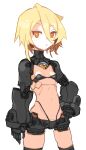  1girl absurdres android black_panties blonde_hair breasts commentary_request cowboy_shot hair_between_eyes hand_on_hip highleg highleg_panties highres joints looking_at_viewer mechanical_arms navel open_mouth orange_eyes original panties robot_girl robot_joints shimosuke short_hair simple_background small_breasts solo standing underwear white_background 
