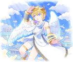  1boy alternate_color angel angel_wings armband armlet blonde_hair blue_sky cloud feathered_wings hand_up kid_icarus kid_icarus_uprising laurel_crown looking_up male_focus nopepe open_mouth pit_(kid_icarus) sky smile solo sparkle super_smash_bros. temple wings 