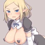  1girl aaaa_(quad-a) blonde_hair blue_eyes blush breasts breasts_out detached_sleeves elf grey_background heart_pasties highres large_breasts looking_at_viewer maid original pasties pointy_ears puffy_short_sleeves puffy_sleeves short_hair short_sleeves simple_background solo white_sleeves 