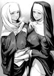  2girls asymmetrical_docking black_dress blush breast_press breasts buddhism catholic cleavage commentary_request covered_nipples dress garter_straps gesogeso greyscale habit hand_on_own_chest highres kesa large_breasts licking_lips lifted_by_self mole mole_under_eye monochrome multiple_girls nun original priestess robe robe_lift steam steaming_body sweat thighhighs tongue tongue_out 