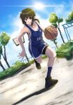  1girl ball basketball basketball_uniform bike_shorts bike_shorts_under_shorts black_eyes black_footwear black_hair blue_shirt blue_shorts blue_sky blue_socks cloud commentary_request day dutch_angle fubuki_(kancolle) full_body highres kantai_collection ld_(luna_dial398) long_hair looking_at_viewer low_ponytail outdoors playing_games ponytail running shirt shoes short_ponytail shorts shorts_under_shorts sidelocks sky sneakers socks solo sportswear sun tank_top tree 