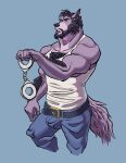  2020 anthro arm_hair beard belt biceps blue_background body_hair bottomwear bulge canid canine canis chest_hair clothing cuff_(restraint) denim denim_clothing facial_hair forearm_hair forearms handcuffs hi_res holding_handcuffs jeans male mammal manly mature_male metal_cuffs muscular mustache pants pecs qwerty-0 restraints shirt simple_background solo standing tank_top topwear triceps white_clothing white_shirt white_tank_top white_topwear wolf 