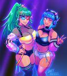  2girls arm_around_waist artist_name blue_eyes blue_hair blunt_bangs blunt_ends breasts cleavage commentary demon_horns dreamgirl_(iahfy) english_commentary fake_horns feet_out_of_frame green_hair hand_on_hip headphones heart horns iahfy large_breasts looking_at_viewer midriff multiple_girls navel navel_piercing open_mouth original patreon_username piercing ponytail shorts teeth thighhighs tongue twitter_username v watermark zipper zipper_pull_tab 