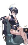  1girl absurdres bare_legs bare_shoulders black_dress black_gloves black_hair blue_archive blue_eyes breasts butterfly_hair_ornament china_dress chinese_clothes couch crossed_legs double_bun dress feet_out_of_frame gloves hair_bun hair_ornament halo highres houkisei kisaki_(blue_archive) legs looking_at_viewer parted_lips phone rotary_phone side_slit simple_background sitting small_breasts solo thighs white_background 