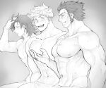  3boys abs bara blush closed_eyes deliford granblue_fantasy greyscale hand_on_own_head hazama_(hazamazama) large_pectorals long_sideburns looking_at_another male_focus monochrome multiple_boys muscular muscular_male navel nipples open_mouth pectorals percival_(granblue_fantasy) short_hair sideburns smile towel towel_around_waist vane_(granblue_fantasy) 
