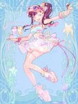  1girl ;d bakoma_tsuno belt bikini blue_background bow bracelet breasts brown_hair dairoku_ryouhei dress_bow drinking_straw earrings eyewear_on_head fang food food-themed_hair_ornament gradient_eyes hair_ornament heart heart_hair_ornament holding holding_food holding_tray ice_cream_cone ice_cream_hair_ornament jewelry ling_yi_(tw) long_hair looking_at_viewer midriff multicolored_eyes multicolored_hair one_eye_closed pink_eyes pink_hair platform_footwear polka_dot polka_dot_bow ponytail sandals see-through see-through_shirt small_breasts smile streaked_hair swimsuit thigh_strap tray visor_cap wristband 