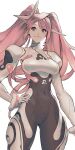  1girl black_bodysuit black_eyes bodysuit covered_navel elbow_gloves floating_hair gloves grey_gloves hair_behind_ear halterneck hand_on_own_hip highres instant_ip looking_to_the_side original pink_hair smile solo twintails unfinished white_background 