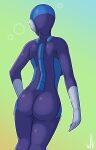  2023 absurd_res android anthro blue_body breasts butt digital_media_(artwork) female gradient_background hi_res lens_flare looking_away machine metal metallic_body pinup pose purple_body rear_view robot side_boob signature simple_background solo three-quarter_view whitev 