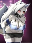  anthro big_breasts blush breasts canid canid_demon canine clothed clothing collar demon faroula_twitt female fur hair hellhound helluva_boss hi_res looking_at_viewer loona_(helluva_boss) mammal red_sclera smile solo white_body white_fur 