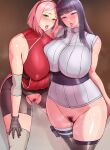  2girls blush breasts gloves green_eyes haruno_sakura highres hyuuga_hinata large_breasts long_hair multiple_girls naruto_(series) pink_hair potatopanicking pubic_hair saliva short_hair thighs tongue wide_hips 