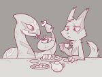  4:3 ambiguous_gender anthro biped container cup dessert doughnut drinking duo feral food frown fur generation_3_pokemon hi_res kazunekomori nintendo pokemon pokemon_(species) scales seviper zangoose 