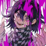  1boy :d black_hair blood blood_on_face checkered_clothes checkered_scarf crazy_smile danganronpa_(series) danganronpa_v3:_killing_harmony fangs flipped_hair grey_background hair_between_eyes hands_up highres long_sleeves looking_at_viewer medium_hair nanin oma_kokichi pink_blood question_mark_in_eye scarf smile solo teeth tongue white_background 