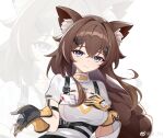  1girl animal_ear_fluff animal_ears breasts brown_hair cleavage_cutout clothing_cutout commentary_request girls&#039;_frontline girls&#039;_frontline_neural_cloud gloves grey_eyes hair_between_eyes hair_ornament hand_on_own_chest highres id_card jing_th large_breasts long_hair looking_at_viewer shirt sleeveless smile solo turing_(girls&#039;_frontline_nc) upper_body weibo_username white_shirt zoom_layer 