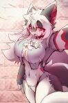 anthro bedroom_eyes big_breasts breasts canid clothing female fur grey_body grey_fur hair hi_res huge_breasts huge_thighs kemono looking_at_viewer mammal multicolored_body multicolored_fur narrowed_eyes navel open_mouth orange_eyes panties qavc red_body red_fur seductive shirt smile solo tail thick_thighs tongue tongue_out topwear underwear white_body white_fur white_hair wide_hips 