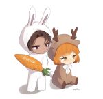 1boy 1girl animal_costume antlers bow bowtie brown_hair carrot closed_mouth green_eyes heathcliff_(limbus_company) highres ishmael_(limbus_company) limbus_company looking_to_the_side love_mintchoco orange_hair parted_bangs project_moon purple_eyes rabbit_costume reindeer_costume scar scar_on_face simple_background sitting white_background white_bow white_bowtie 