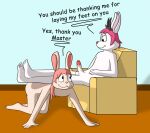  anthro devon_littlepaws dominant duo english_text erection feet female footrest genitals hare hi_res lagomorph leporid lucy_(lucyhaupdarsteller) lucyhaupdarsteller male male/female mammal master penis petplay rabbit roleplay slave submissive text 
