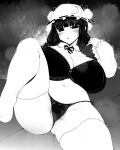  1girl blunt_bangs blush bra breasts cleavage crescent crescent_hat_ornament greyscale haseru_(ginku_mh) hat hat_ornament huge_breasts lingerie long_hair looking_at_viewer mob_cap monochrome open_mouth patchouli_knowledge sidelocks solo thighhighs touhou underwear 