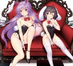  2girls :3 animal_ears bare_legs black_footwear black_leotard bow bowtie breasts chair checkered_floor cleavage commentary_request couch detached_collar feet_out_of_frame hataraki_kuma heart heart_pillow inaba_tewi large_breasts leotard light_purple_hair long_hair looking_at_viewer medium_breasts multiple_girls pillow playboy_bunny rabbit_ears rabbit_tail red_bow red_bowtie red_eyes reisen_udongein_inaba smile strapless strapless_leotard tail thighhighs touhou very_long_hair white_thighhighs wrist_cuffs 