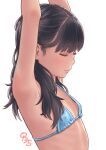  1girl absurdres aoi_kumiko armpits arms_up bikini black_hair blue_bikini blush closed_eyes covered_nipples flat_chest highres long_hair original simple_background solo swimsuit white_background 