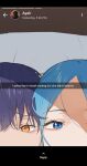  1boy 1girl blue_eyes blue_hair highres husband_and_wife looking_at_viewer mads_ez original parted_bangs translated whatsapp_status yellow_eyes 