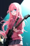  1girl ai-assisted blue_eyes bocchi_the_rock! electric_guitar gibson_les_paul gotou_hitori grey_skirt guitar highres instrument jacket long_hair miniskirt one_side_up pink_hair pink_jacket pleated_skirt plectrum skirt solo speaker standing takuma_(takumo7121) track_jacket 