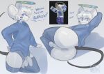  anthro anus balls blue_eyes blush clothed clothing english_text fur genitals male mammal mawmain penis roblox rodent simple_eyes solo tail text white_body white_fur 