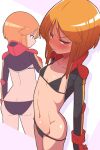  1girl absurdres bikini black_bikini black_bodysuit blush bodysuit bright_pupils embarrassed flat_chest gundam gundam_zz hair_between_eyes highres looking_at_viewer multiple_views navel onimaru_(onimal7802) orange_hair pilot_suit purple_eyes puru_two shadow short_hair solo swimsuit white_pupils 